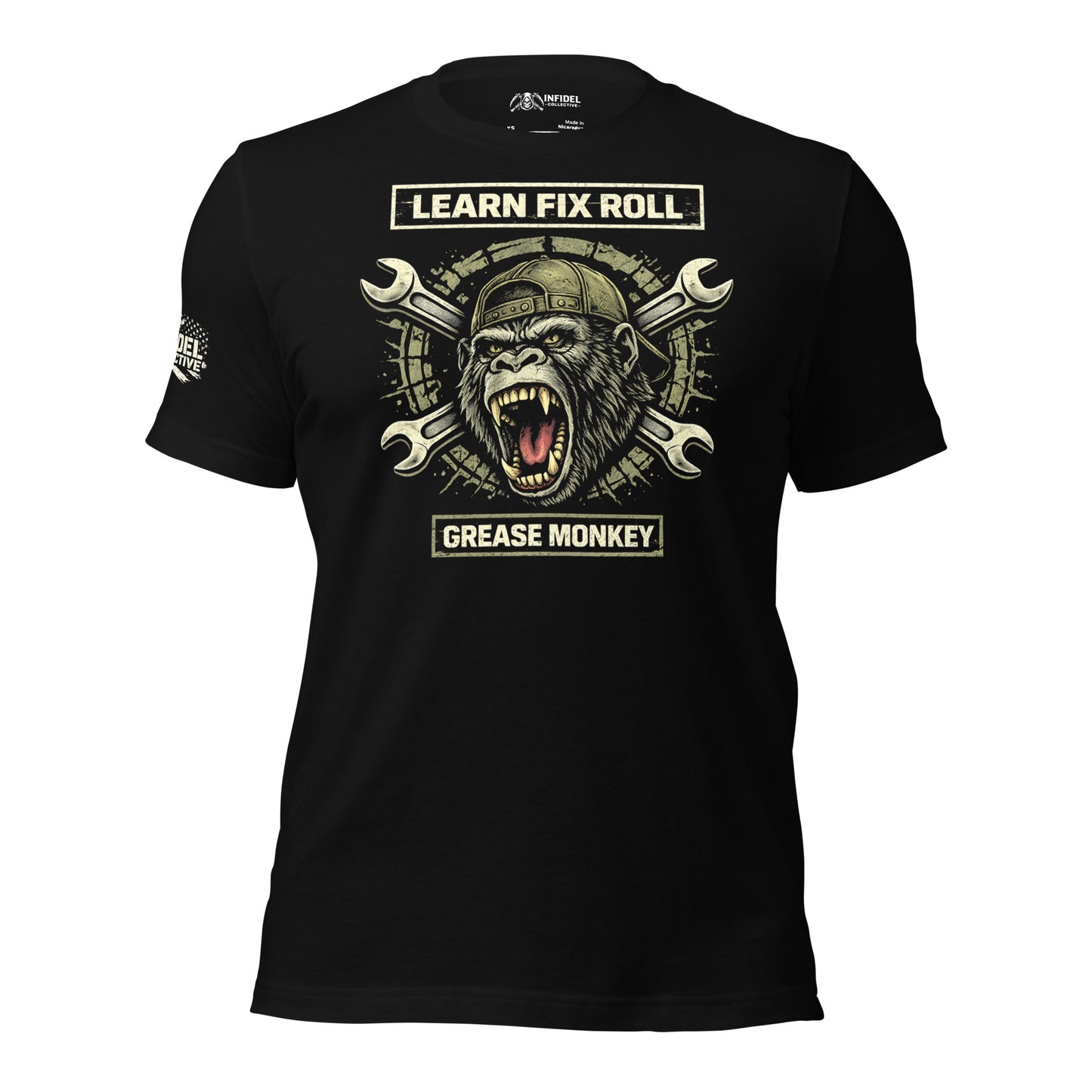 Black t-shirt with a graphic design of a gorilla and tools on a white background