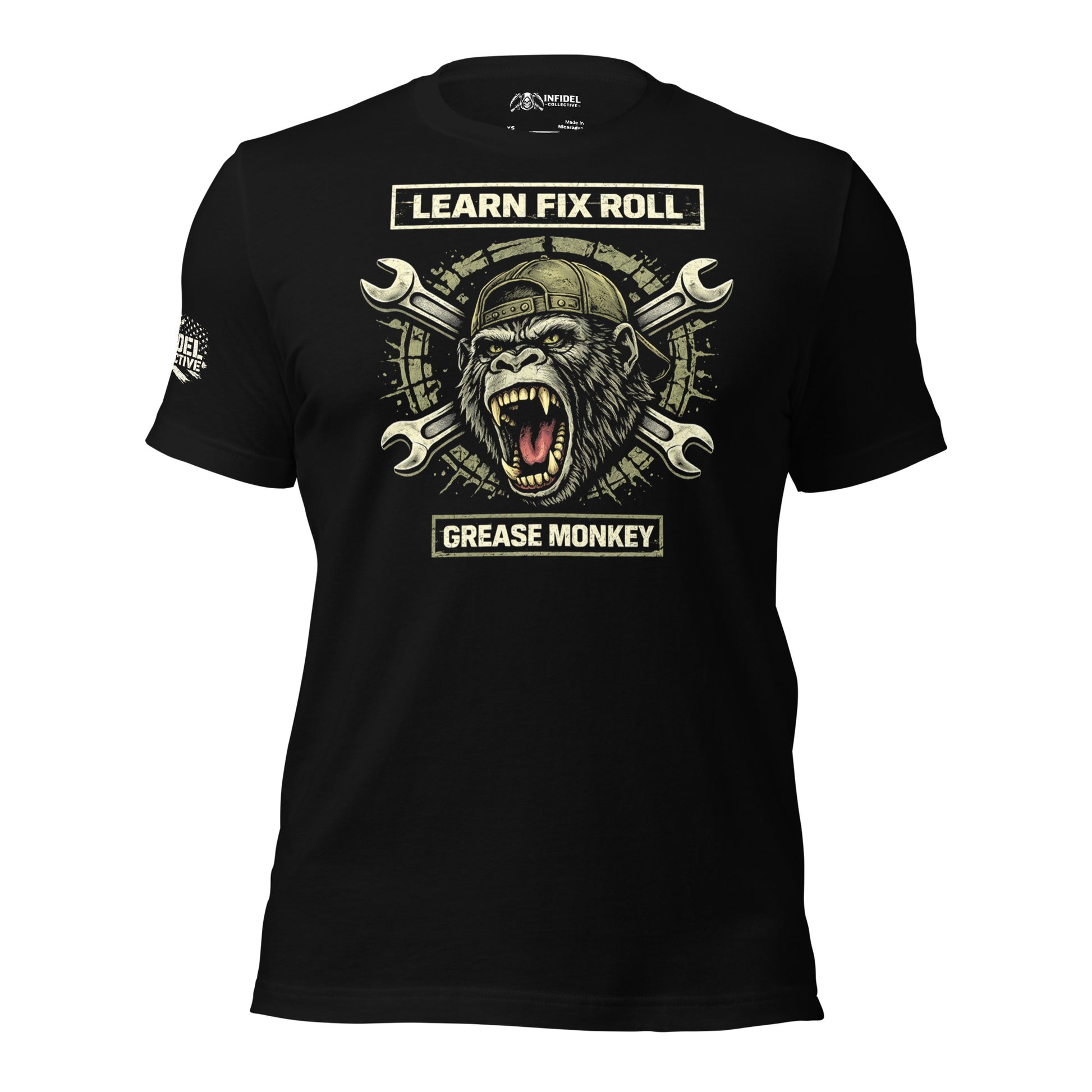 Black t-shirt with a graphic design of a gorilla and tools on a white background