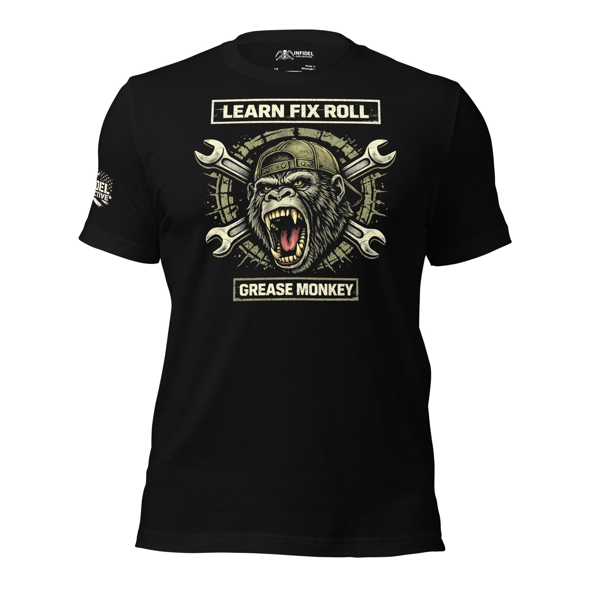 Learn Fix Roll grease monkey wrench graphic black tee from Infidel Collective