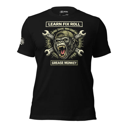 Black t-shirt with a graphic design of a gorilla and tools on a white background