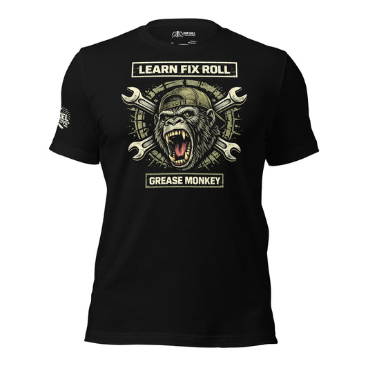 Black t-shirt with a graphic design of a gorilla and tools on a white background