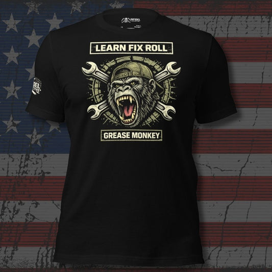 Black t-shirt with a graphic design of a gorilla and text on an American flag background