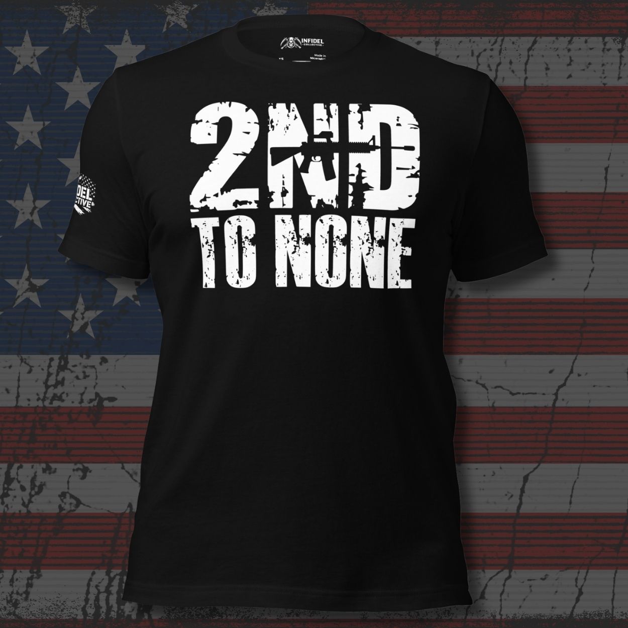 Black t-shirt with '2nd to None' text on an American flag background