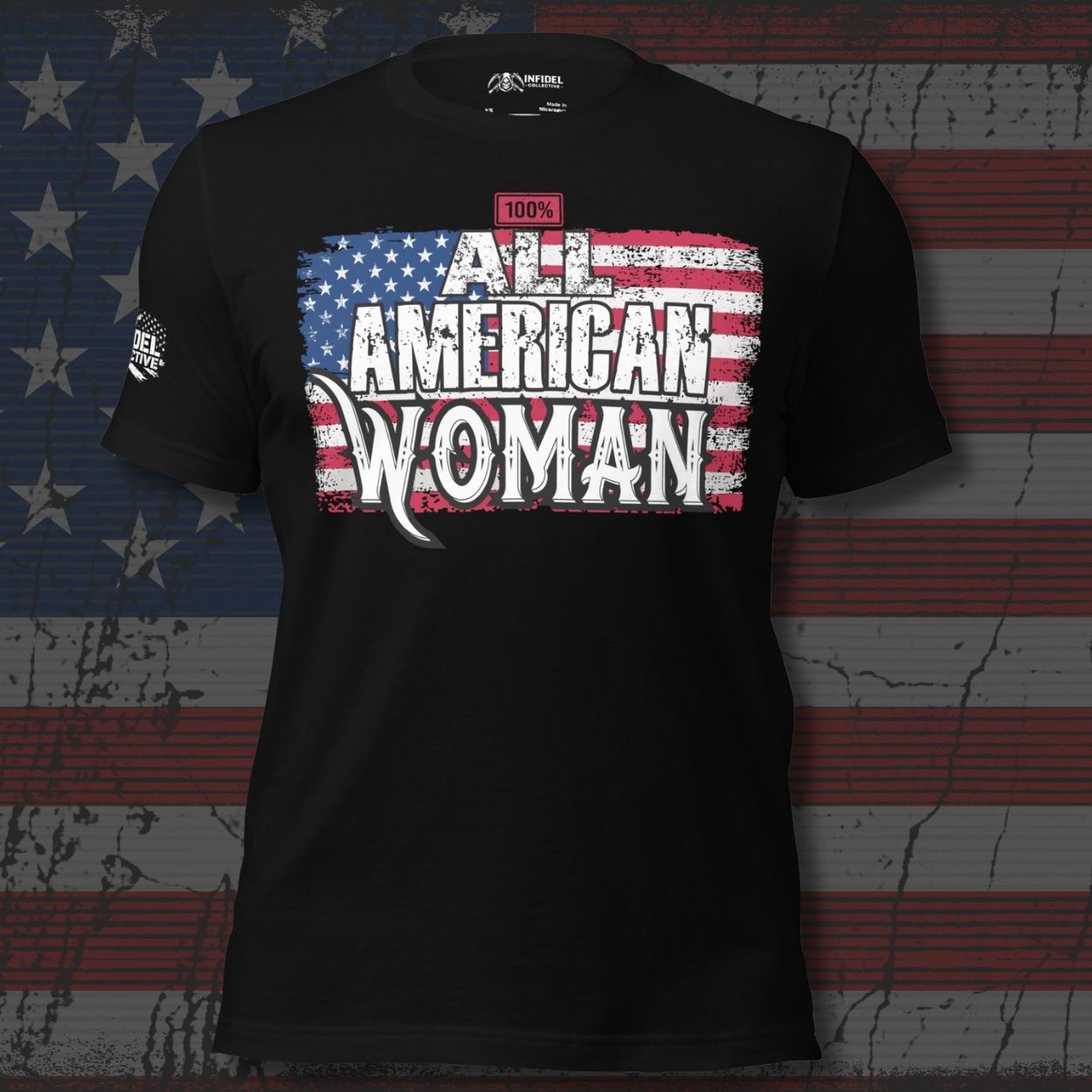 Black t-shirt with 'All American Woman' design on an American flag background