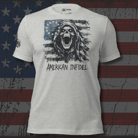 Gray t-shirt with 'American Infidel' graphic design on a distressed American flag background