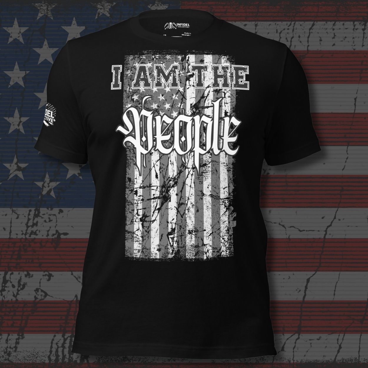 Black t-shirt with 'I AM THE PEOPLE' text design on a distressed American flag background
