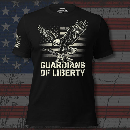 Black t-shirt with eagle graphic and 'Guardians of Liberty' text on an American flag background