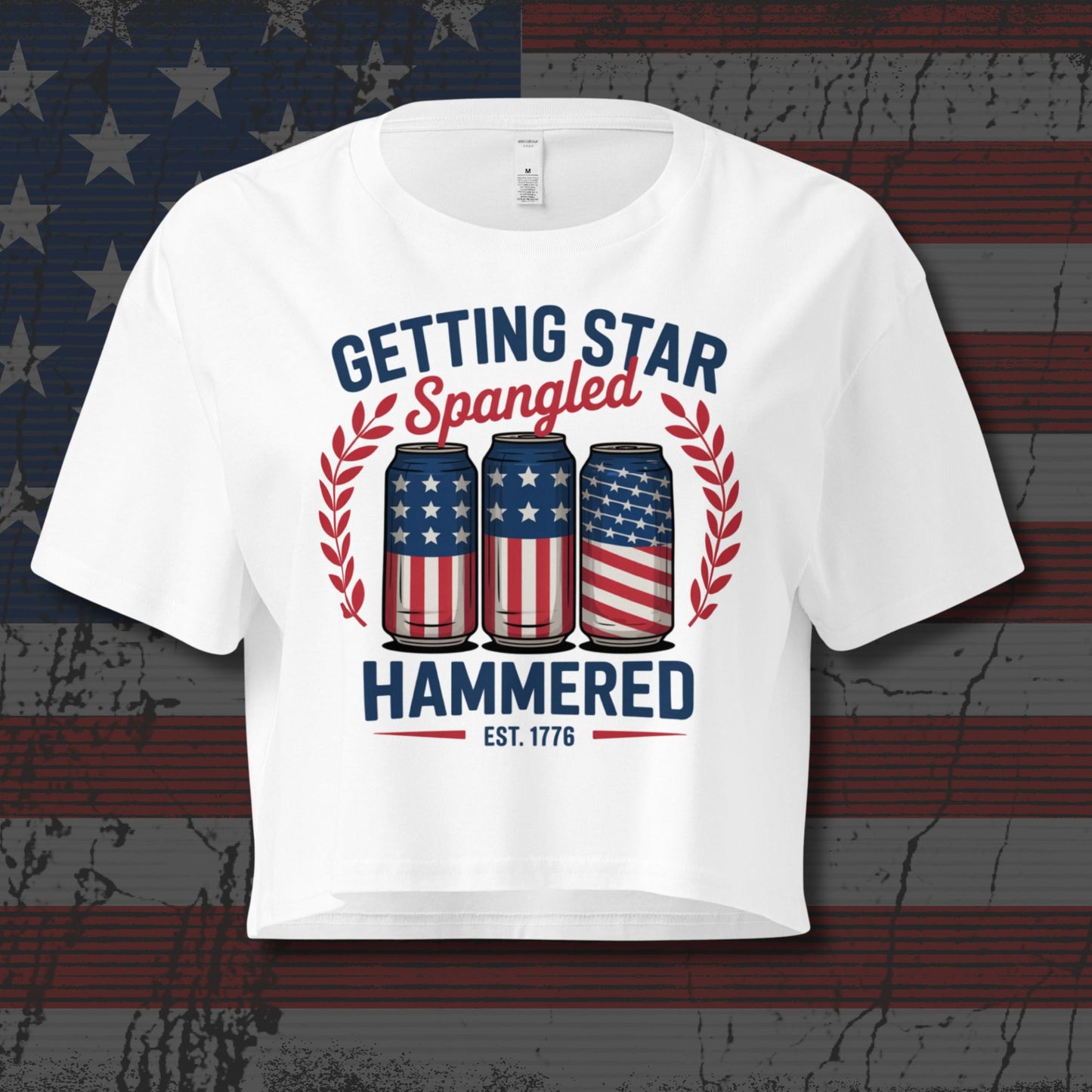 White t-shirt with patriotic design and the text 'Getting Star Spangled Hammered' on an American flag background