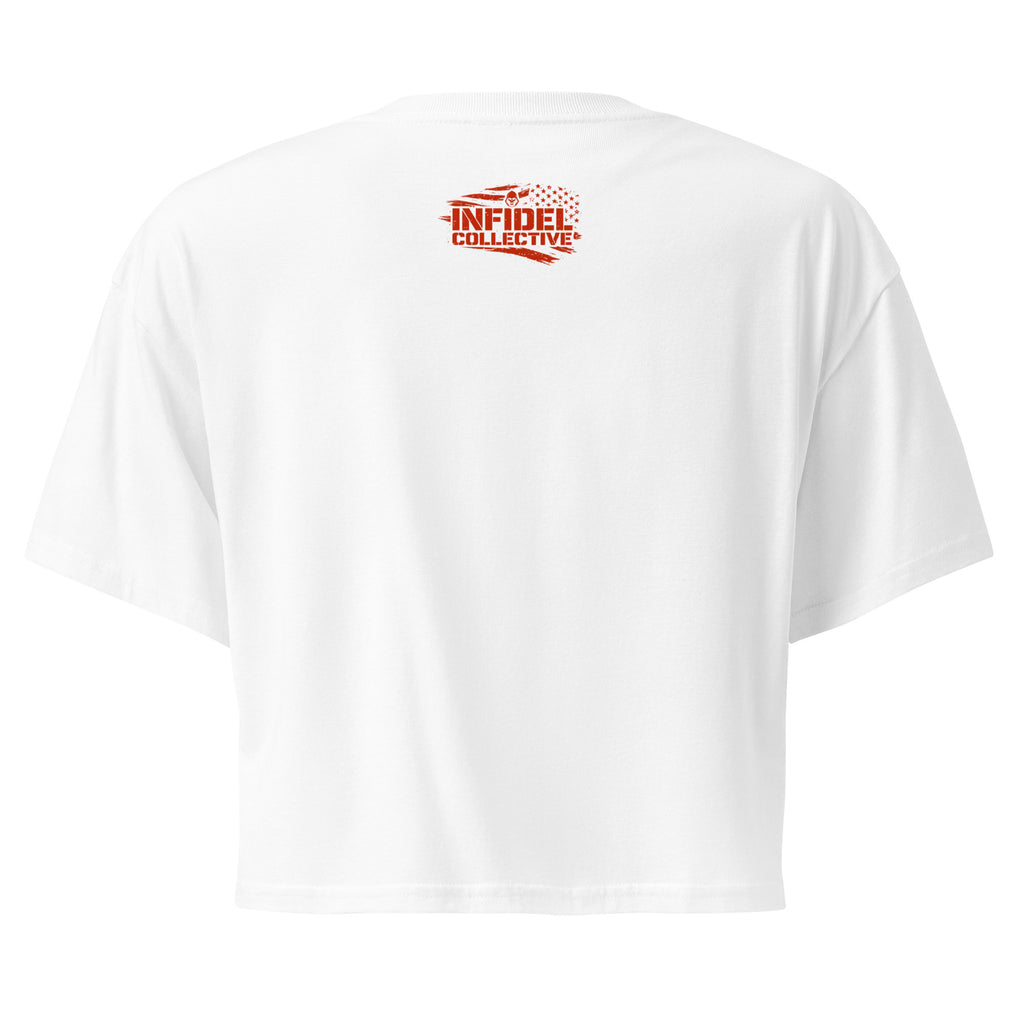White t-shirt with red logo on the back against a white background