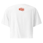 White t-shirt with red logo on the back against a white background