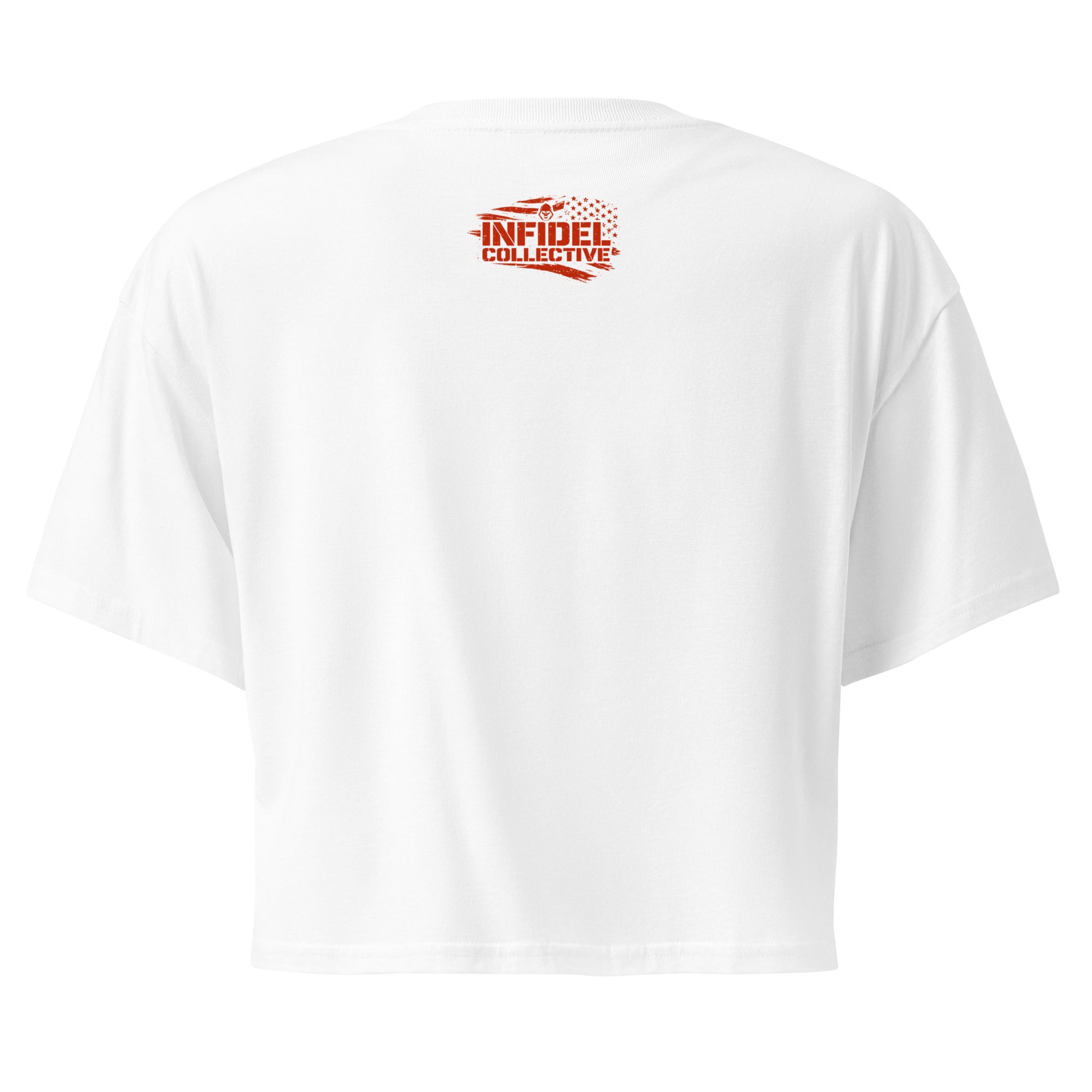 White t-shirt with red logo on the back against a white background
