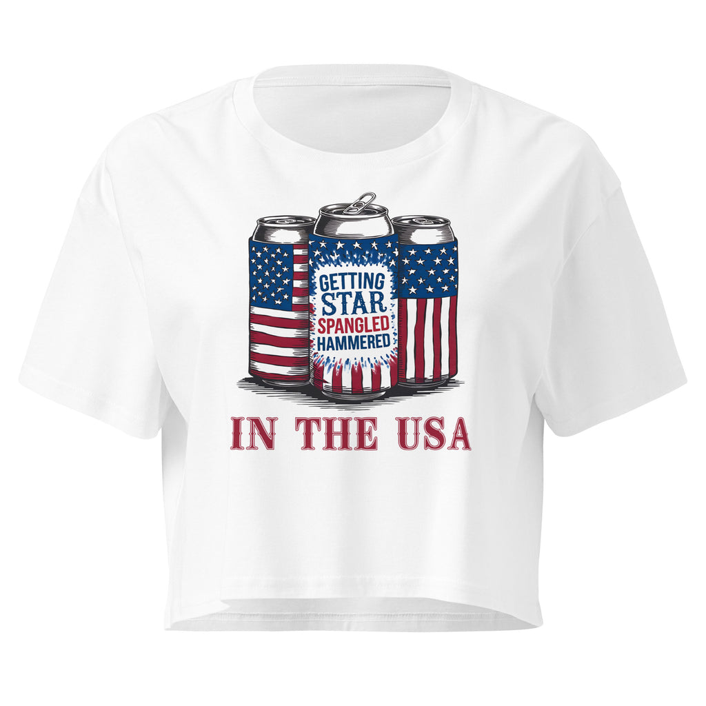 White t-shirt with graphic of beer cans and text 'Getting Star Spangled Hammered in the USA' on a white background