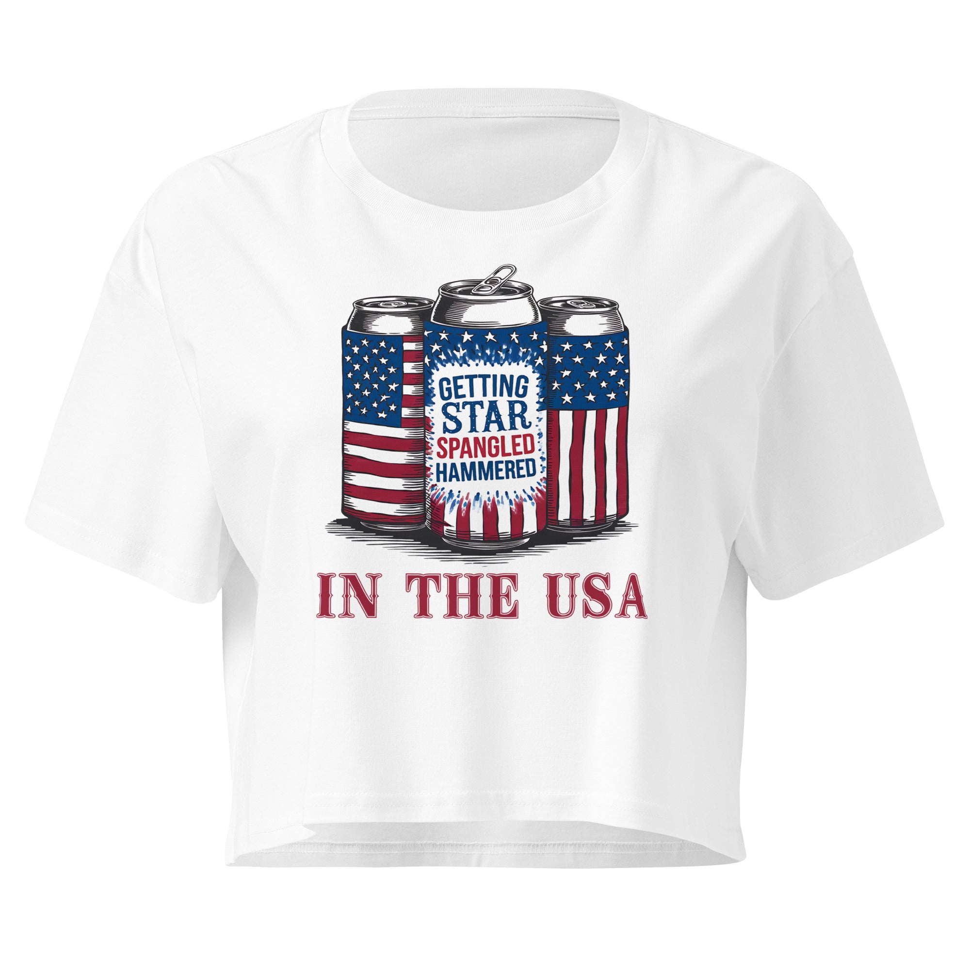 White t-shirt with graphic of beer cans and text 'Getting Star Spangled Hammered in the USA' on a white background