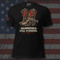 Hammered Still Standing cowboy boots on fire design front print black tee from Infidel Collective