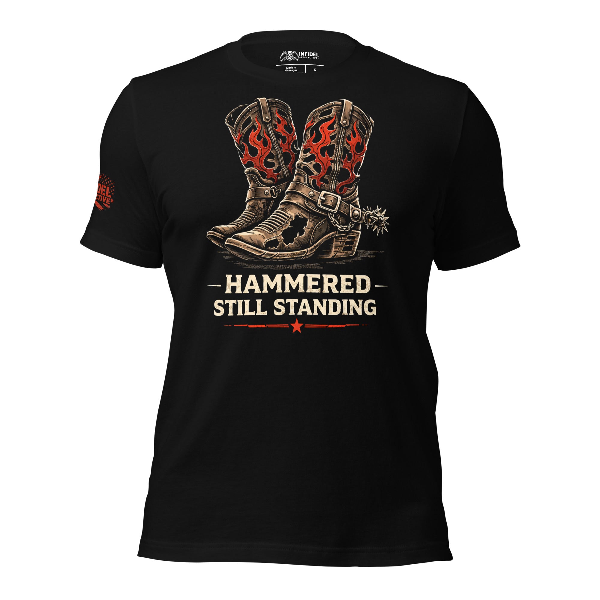 Hammered Still Standing graphic front print tee with distressed flame cowboy boots on black shirt