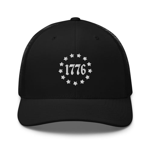 Black trucker hat with embroidered 1776 Betsy Ross Stars, front view