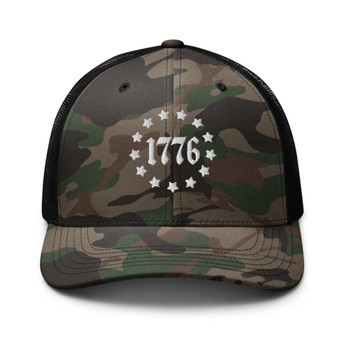 Camo and Black trucker hat with embroidered Camo 1776 Patriotic, back view