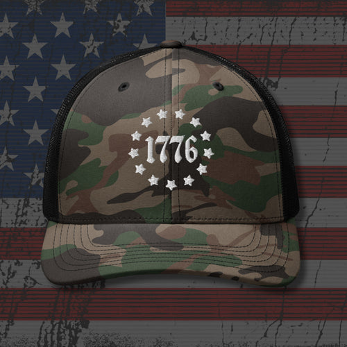 Camo and Black trucker hat with embroidered Camo 1776 Patriotic, back view