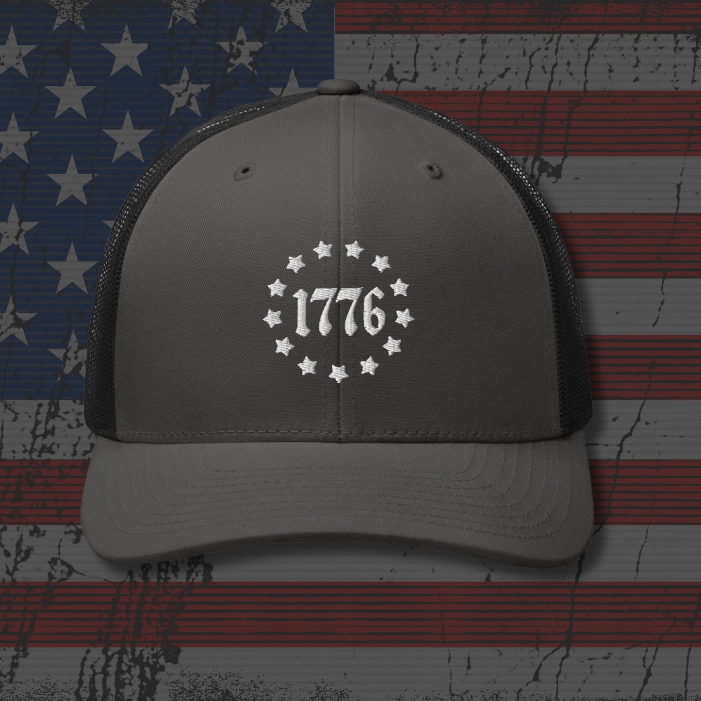 Gray cap with '1776' design on an American flag background