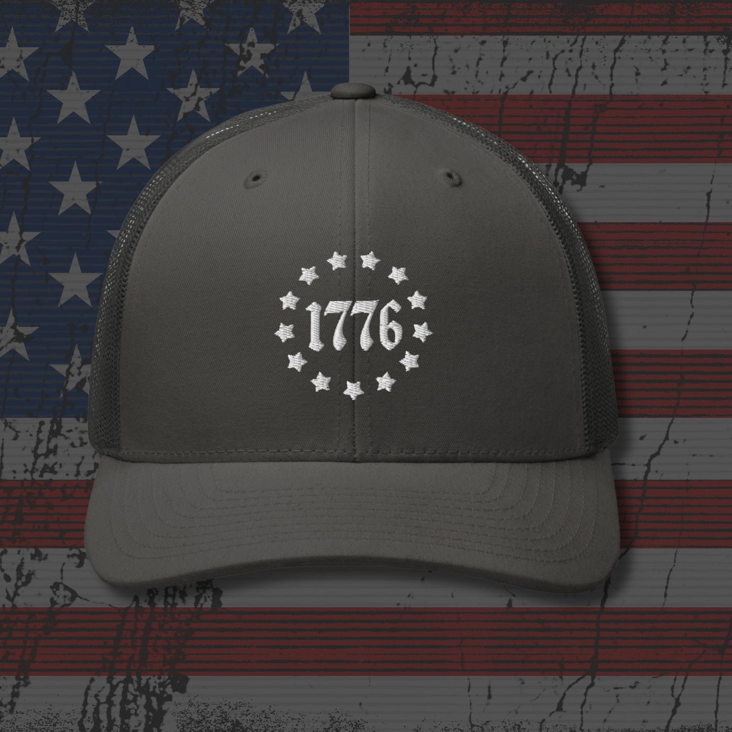 Gray cap with '1776' design on an American flag background