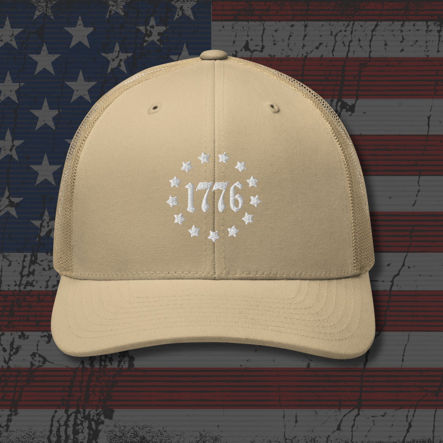 Beige cap with '1776' design on an American flag background