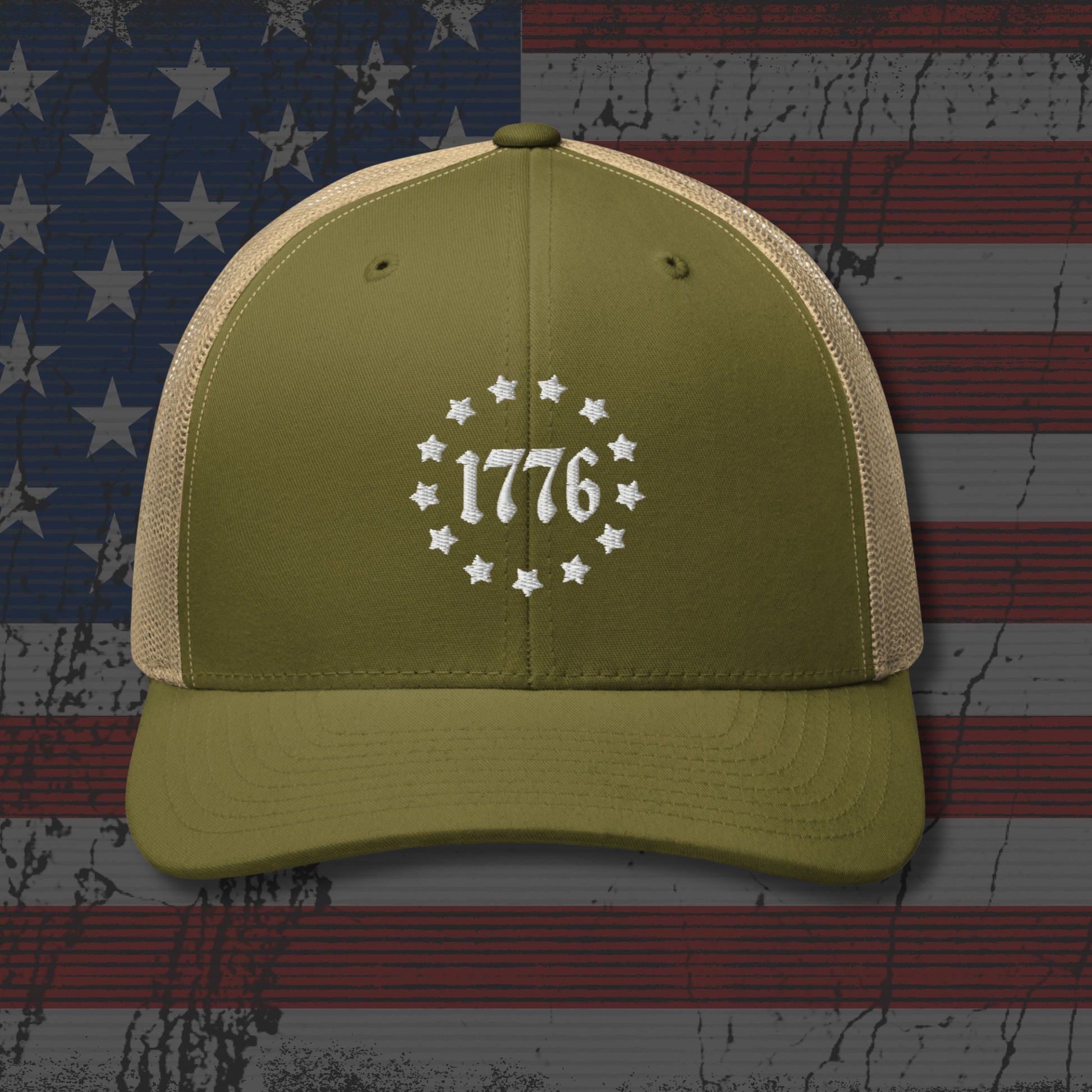 Green cap with '1776' design on an American flag background
