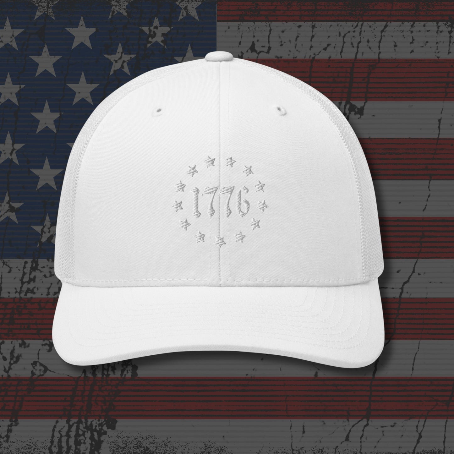 White cap with '1776' design on an American flag background