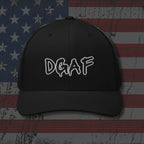 Black cap with 'DQAF' text on an American flag background