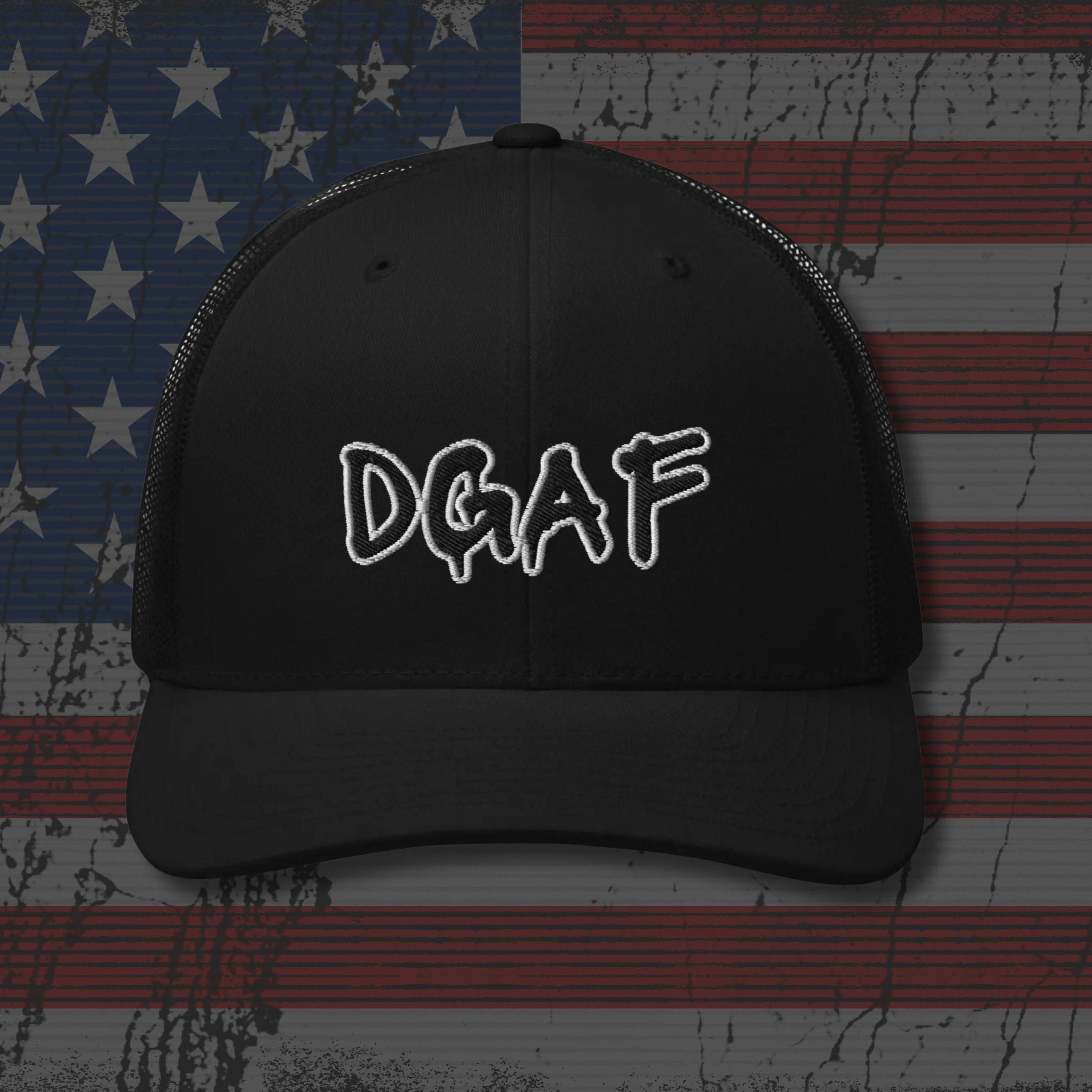 Black cap with 'DQAF' text on an American flag background