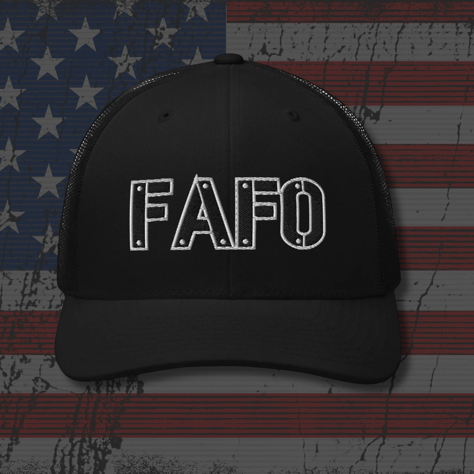 Black cap with 'FAFO' logo on an American flag background