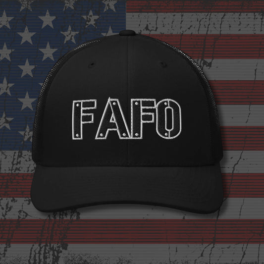 Black cap with 'FAFO' logo on an American flag background