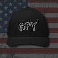 Black snapback hat with embroidered GFY Graffiti, back view