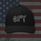 Black cap with 'GFY' text on an American flag background