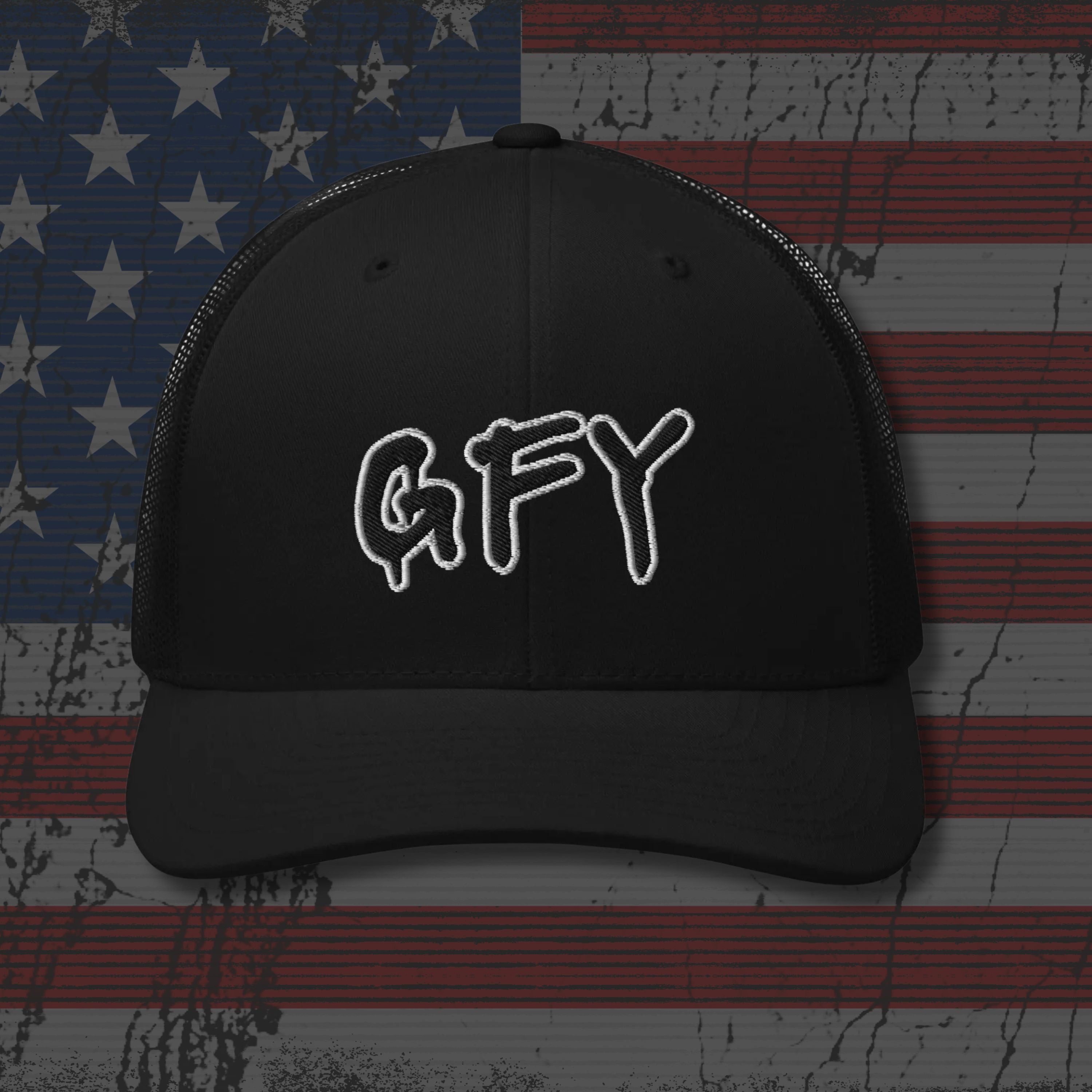 Black cap with 'GFY' text on an American flag background