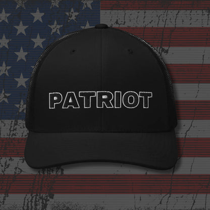 Black cap with 'Patriot' text on an American flag background