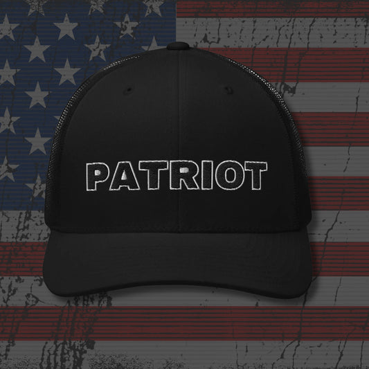 Black cap with 'Patriot' text on an American flag background