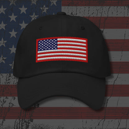 Black cap with American flag patch on a distressed American flag background