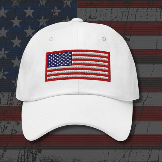 White cap with American flag patch on a distressed American flag background