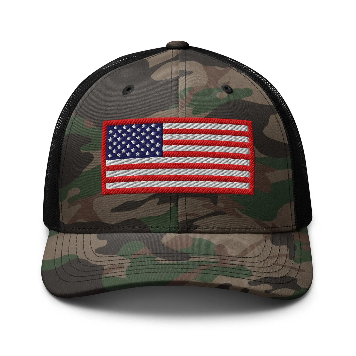 Camo snapback hat with embroidered American flag and red R.E.D. border – patriotic trucker hat for men and women by Infidel Collective.