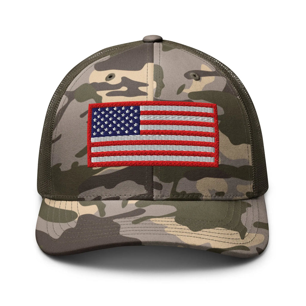 Hats Camo-Olive Custom Snapback Hats: Patriotic Camo Trucker Hat with USA Flag Infidel Collective
