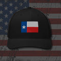 Black snapback hat with embroidered Texas Flag, back view