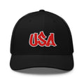 Black snapback hat with embroidered USA Script, back view