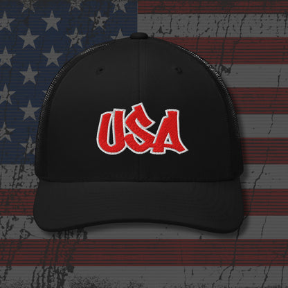 Black cap with 'USA' in red on an American flag background