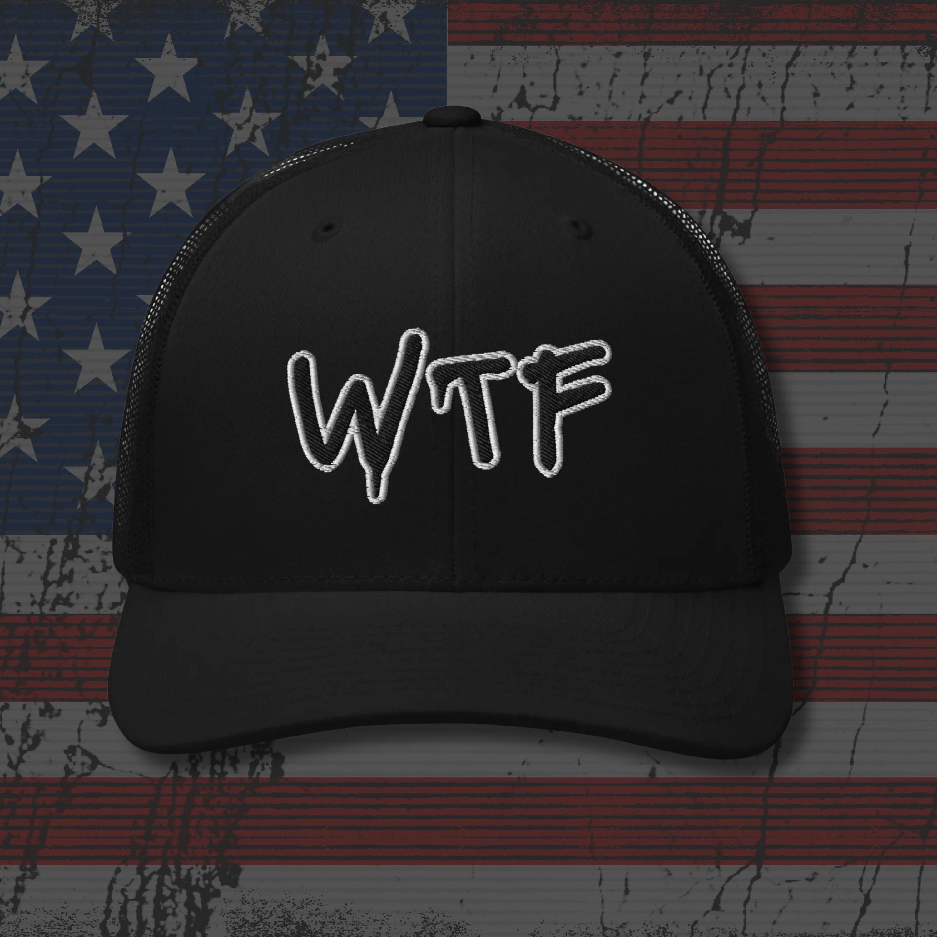 Black cap with 'WTF' text on an American flag background