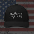 Black snapback hat with embroidered WTH Graffiti, back view