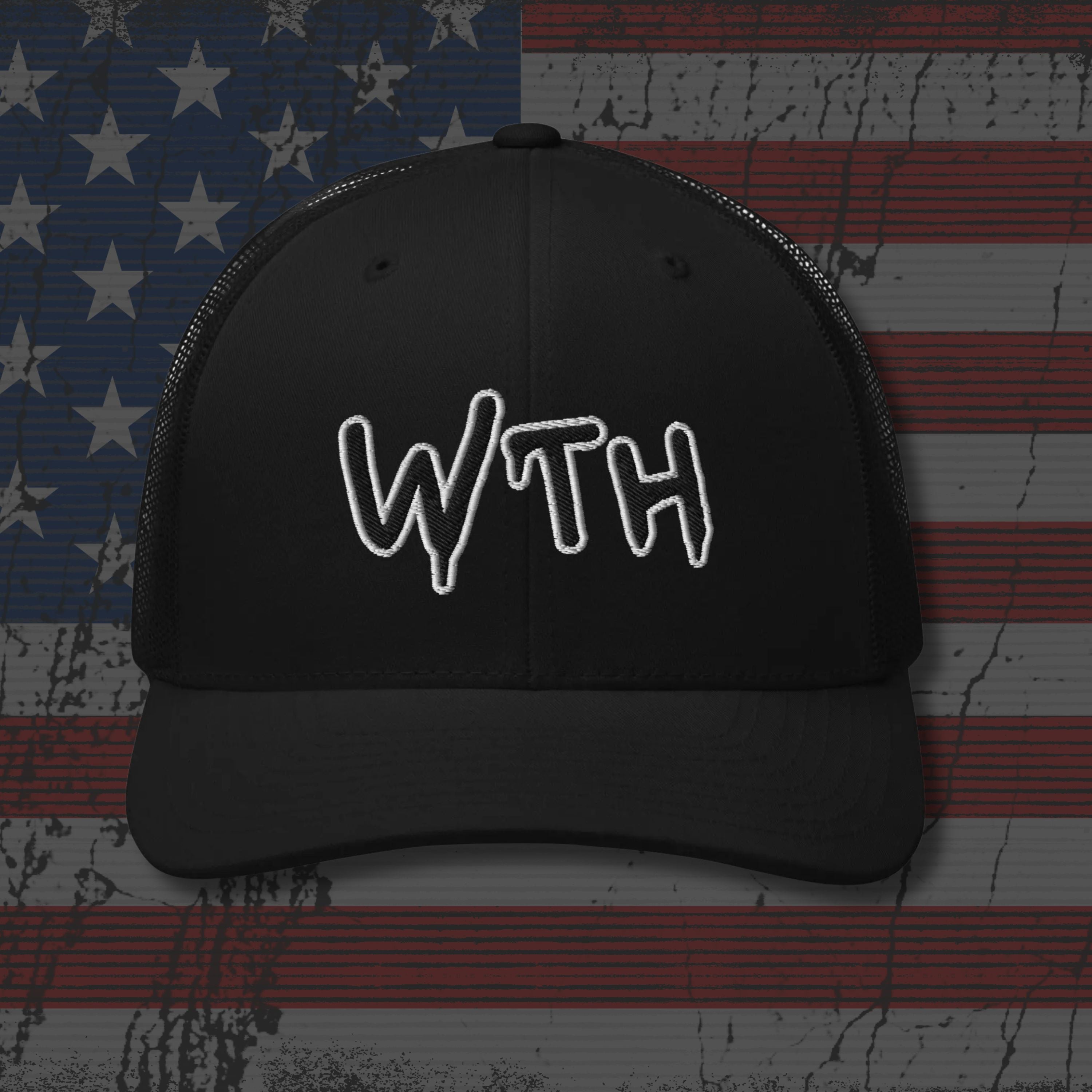 Black cap with 'WTH' text on an American flag background