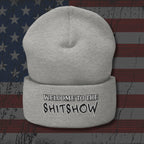 Gray beanie with 'welcome to the shitshow' text on an American flag background
