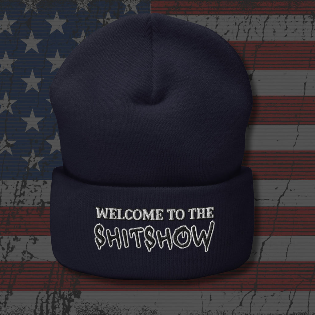 Navy blue beanie with 'Welcome to the Shitshow' text on an American flag background