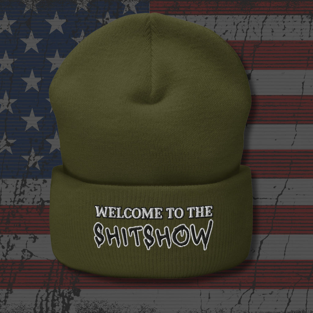 Green beanie with 'Welcome to the Shitshow' text on an American flag background