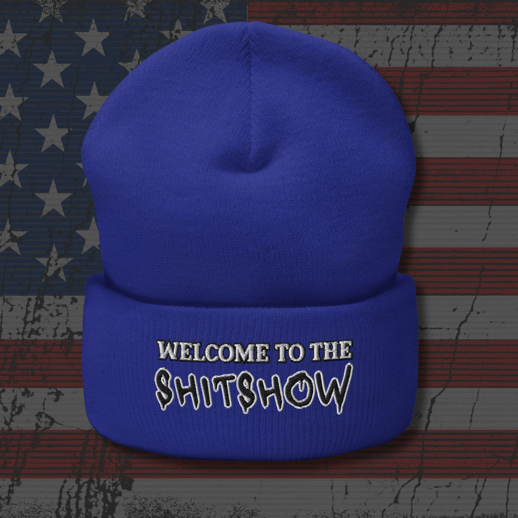 Blue beanie with 'Welcome to the Shitshow' text on an American flag background